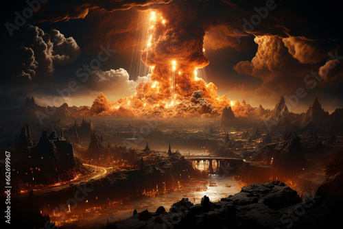 Nuclear holocaust scenario, showcasing the grim aftermath of a world-ending catastrophe. Ai generated © twindesigner