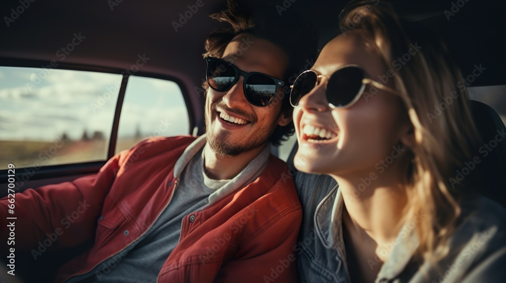 Smiling joyful couple sitting inside a car and having a nice time together Smiling joyful couple sitting inside a car and having a nice time together