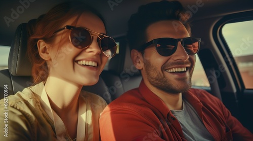 Smiling joyful couple sitting inside a car and having a nice time together © AJay