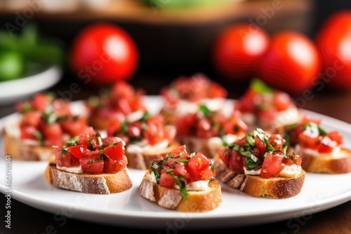 close-up of bite-sized bruschetta pieces on small serving plate