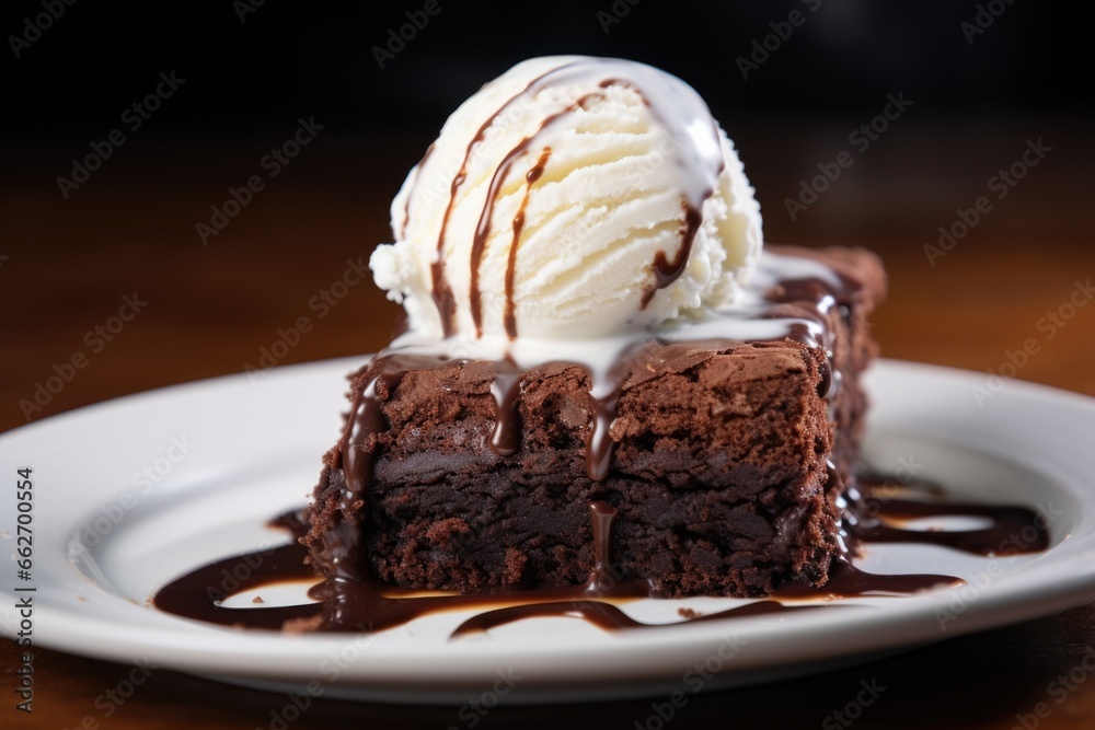 chocolate cake slice with vanilla ice cream on side chocolate cake slice with vanilla ice cream on side