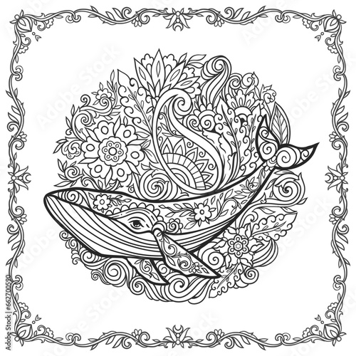 Whale mandala. Animal Vector illustration. Adult or kids coloring book page in Zen boho style. Antistress Peaceful drawing. Black and white