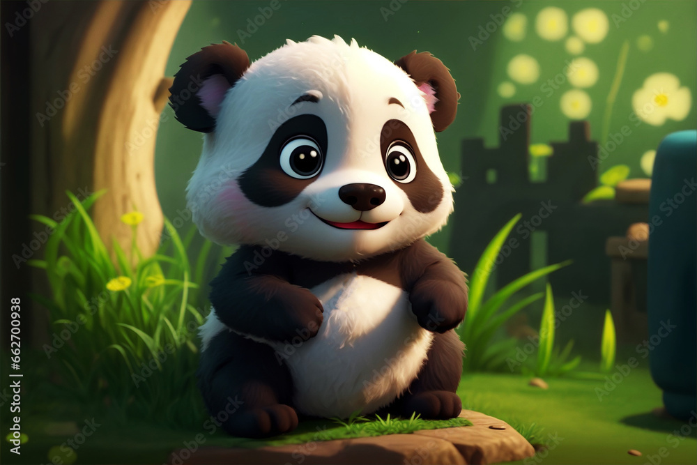 Obraz premium A cute cheerful baby panda bear in a 3D cartoon animation character style, with a charming and friendly character on forest backdrop showing happiness and adorableness