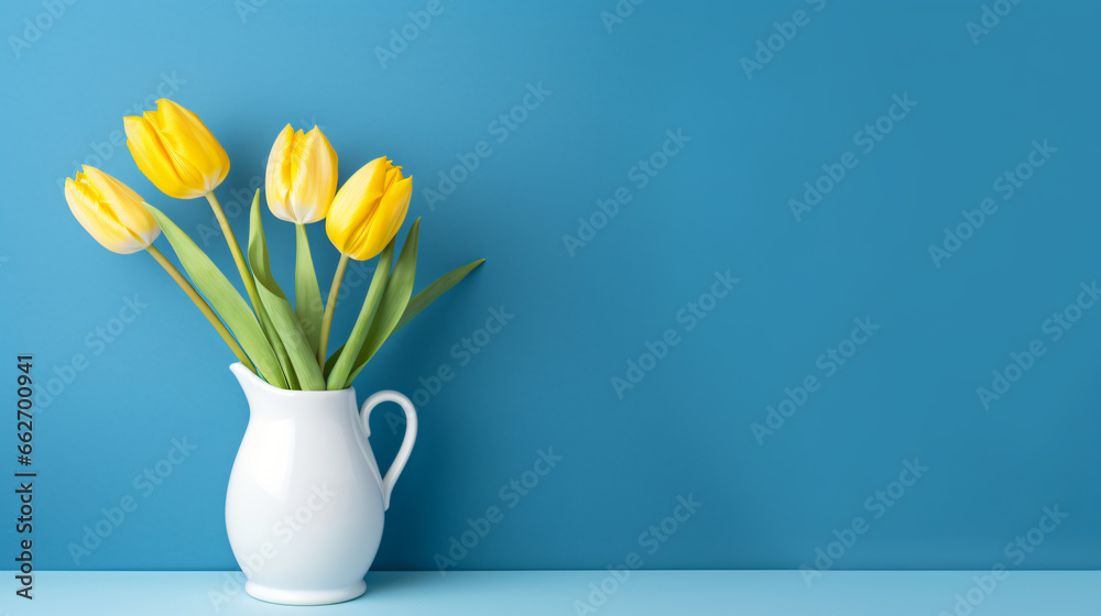 Yellow tulip in white vase on blue background. Copy space