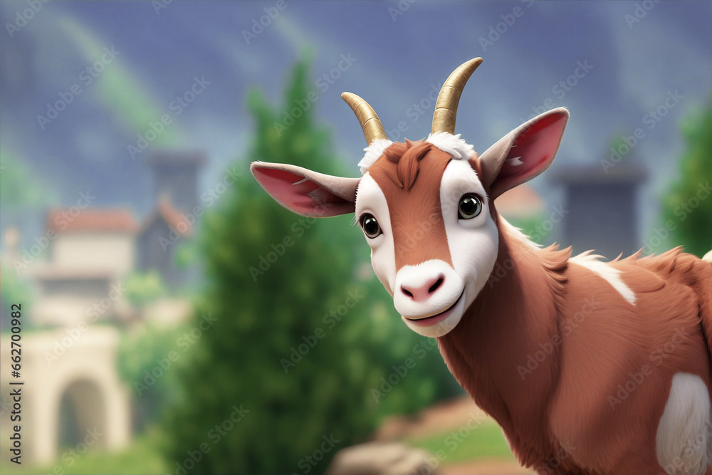 A cute goat in a 3D cartoon animation style, with a charming and friendly lamp character showing happiness and adorableness