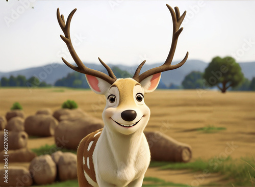 A cute happy deer in a 3D cartoon animation character style, with a charming and friendly character on blurry backdrop