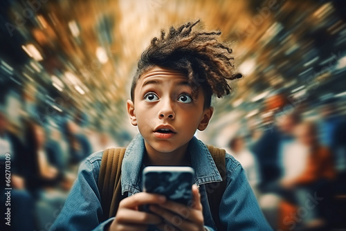 The boy is stunned, a stream of information flies around him. Education, information data, too much media, information, maximalism, news, teenagers’ addiction to social networks.