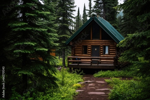 forest cabin surrounded by evergreen trees © altitudevisual