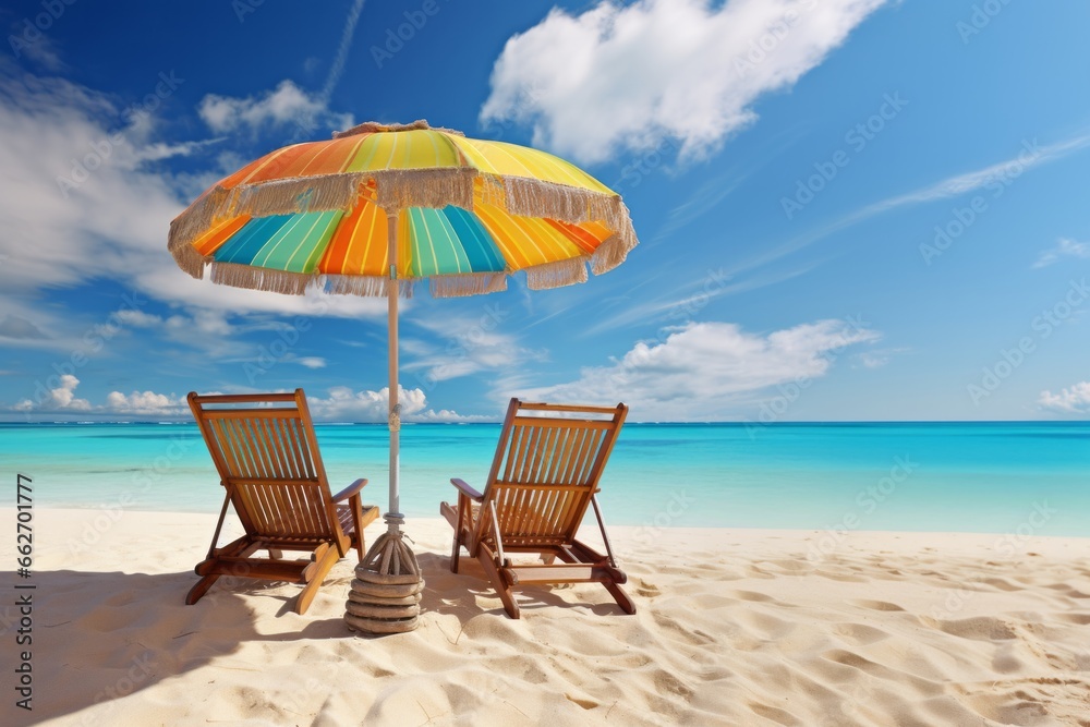 Tropical beach with hammock and umbrella with clear sky