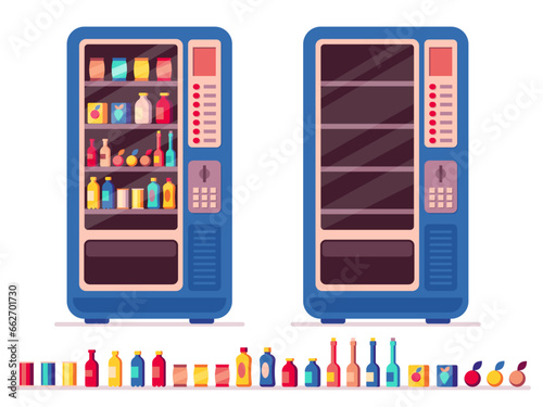Full vending machine. Automatic snack and beverage dispenser with snacks and beverages, fresh cold and hot products. Vector vending machine with snacks and beverages set