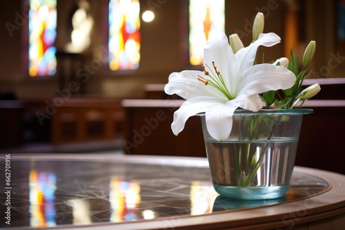 Fotografija baptismal font with a white lily beside it