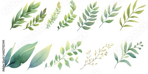 Set of watercolor green leaves elements. Clipart botanical collection.