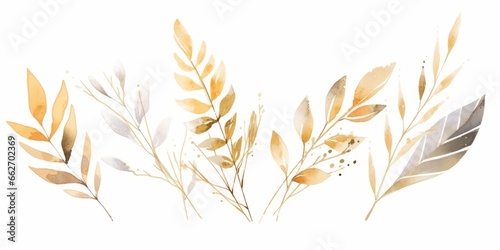 Set of watercolor green leaves with gold lines elements. Clipart botanical collection.