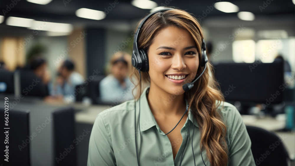 Smiling friendly female call-center agent with headset working on support hotline in the office Smiling friendly female call-center agent with headset working on support hotline in the office
