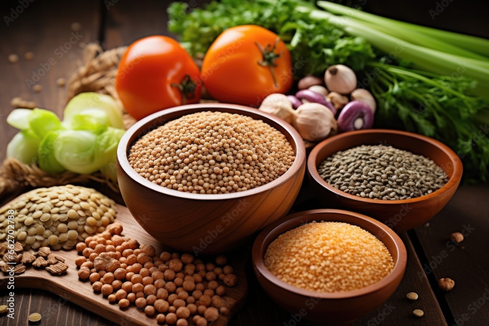 high-fiber foods including whole grains, lentils arranged in a bowl high-fiber foods including whole grains, lentils arranged in a bowl
