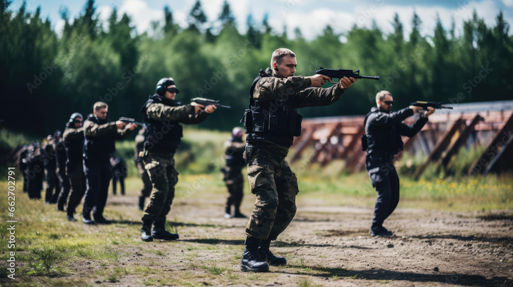 A group of soldiers with weapons training - obrazy, fototapety, plakaty 