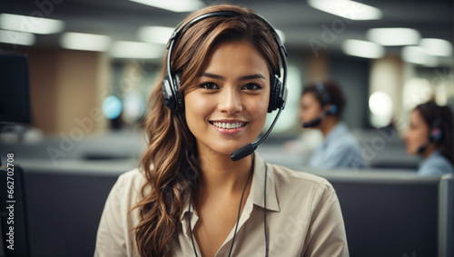 Smiling friendly female call-center agent with headset working on support hotline in the office