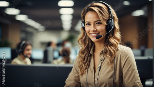 Smiling friendly female call-center agent with headset working on support hotline in the office photo