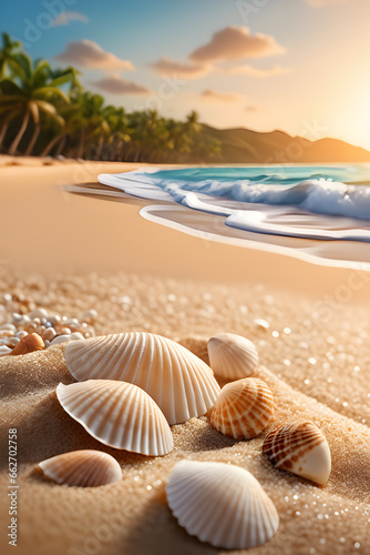Seashells close-up on the golden ocean shore. Palm trees In the distance  and gentle waves creep into the sand.