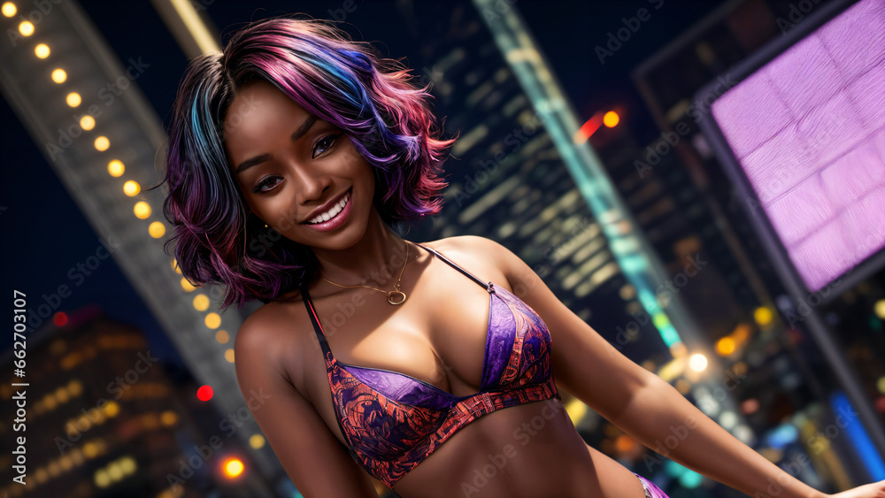 Piękna czarnoskóra kobieta pozuje na tle bardzo nowoczesnego miasta. Kobieta w bogatym stroju bikini z pomalowani włosami i makijażem. Ilustracje w colorystyce Cyberpunk. Piękna czarnoskóra kobieta pozuje na tle bardzo nowoczesnego miasta. Kobieta w bogatym stroju bikini z pomalowani włosami i makijażem. Ilustracje w colorystyce Cyberpunk.