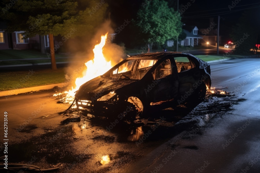 burnt car in nighttime