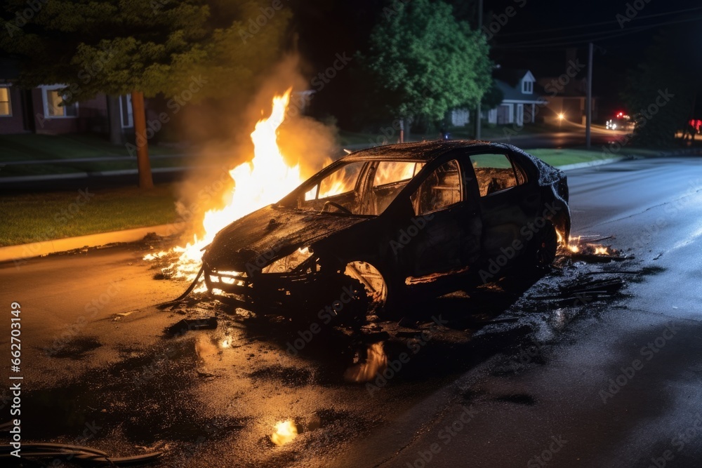 burnt car in nighttime burnt car in nighttime