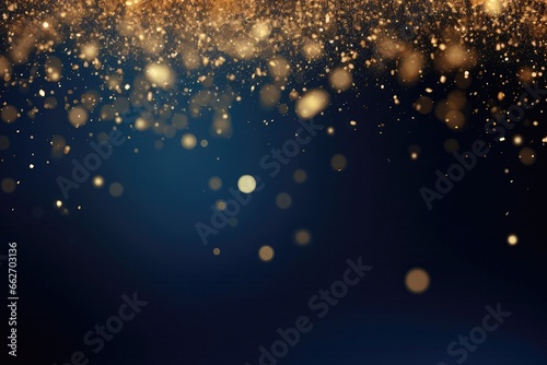 Abstract Background Featuring Dark Blue And Gold Particles, With Golden Light Shine Particles Bokeh Set Against Navy Blue Backdrop The Background Incorporates Gold Foil Texture