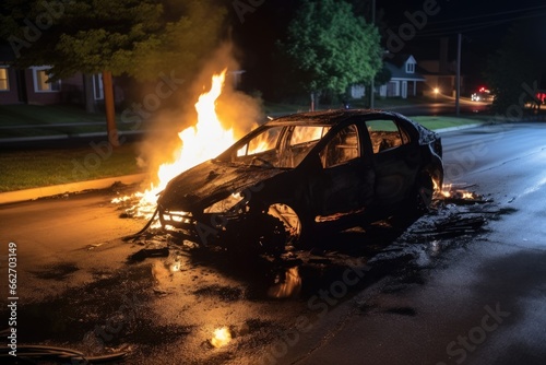 burnt car in nighttime