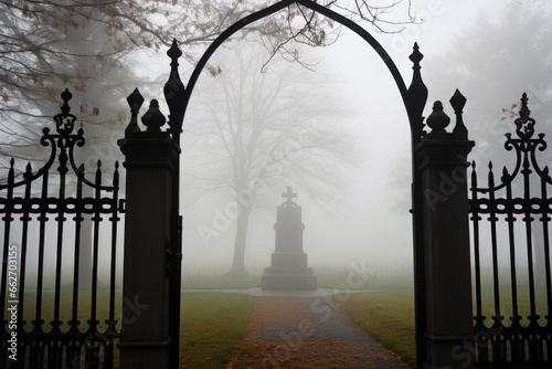 a cemetery gate opened slightly against a foggy backdrop