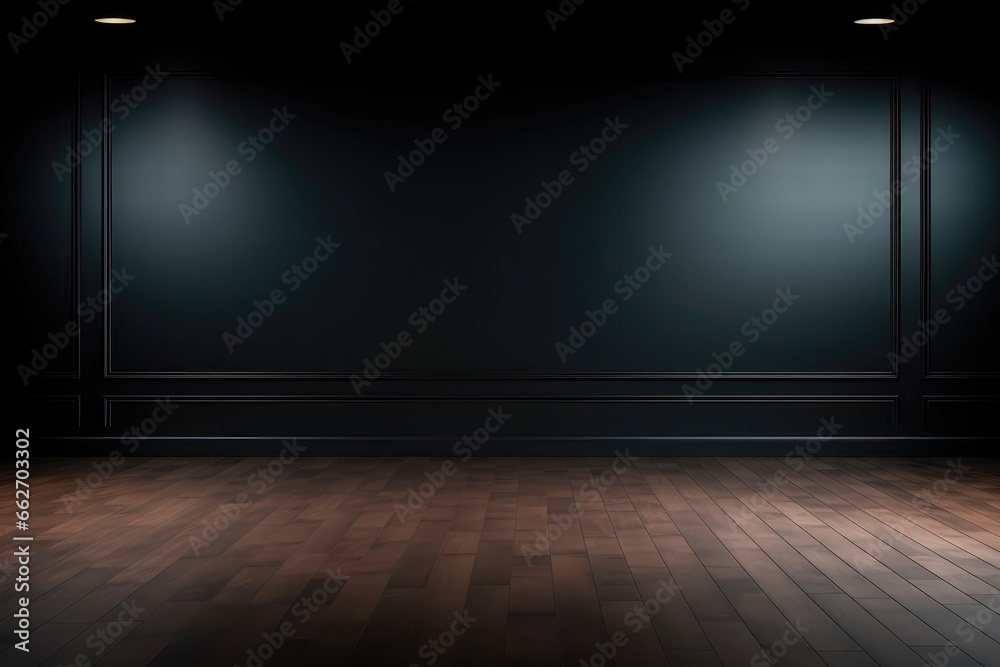 Empty, Welllit, Dark Wall With Beautiful Chiaroscuro And Wooden Flooring, Serving As Rinimalist Background For Product Presentations And Mockups Empty, Welllit, Dark Wall With Beautiful Chiaroscuro And Wooden Flooring, Serving As Rinimalist Background For Product Presentations And Mockups