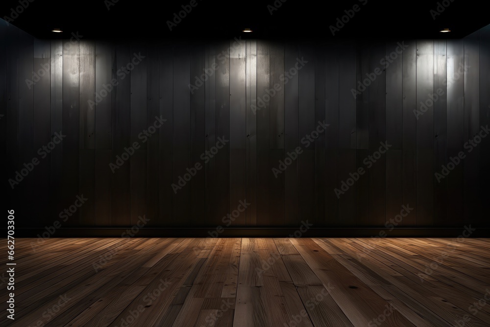 Empty, Welllit, Dark Wall With Beautiful Chiaroscuro And Wooden Flooring, Serving As Rinimalist Background For Product Presentations And Mockups