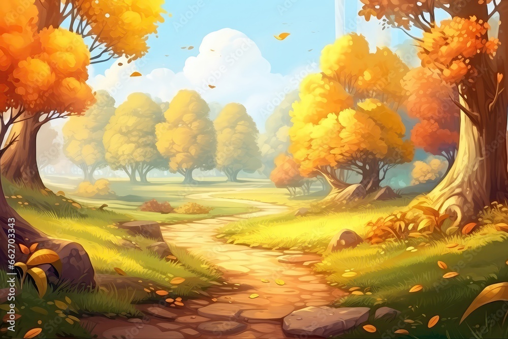 Enchanting Autumn Landscape With Colorful Foliage, Falling Leaves, And Sunny Atmosphere Digital Art