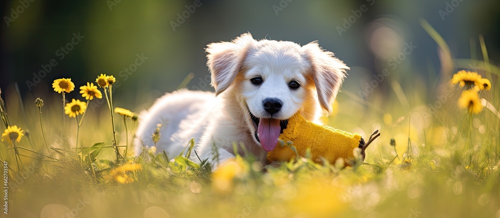 Dog enjoying bone toy on sunny summer day With copyspace for text