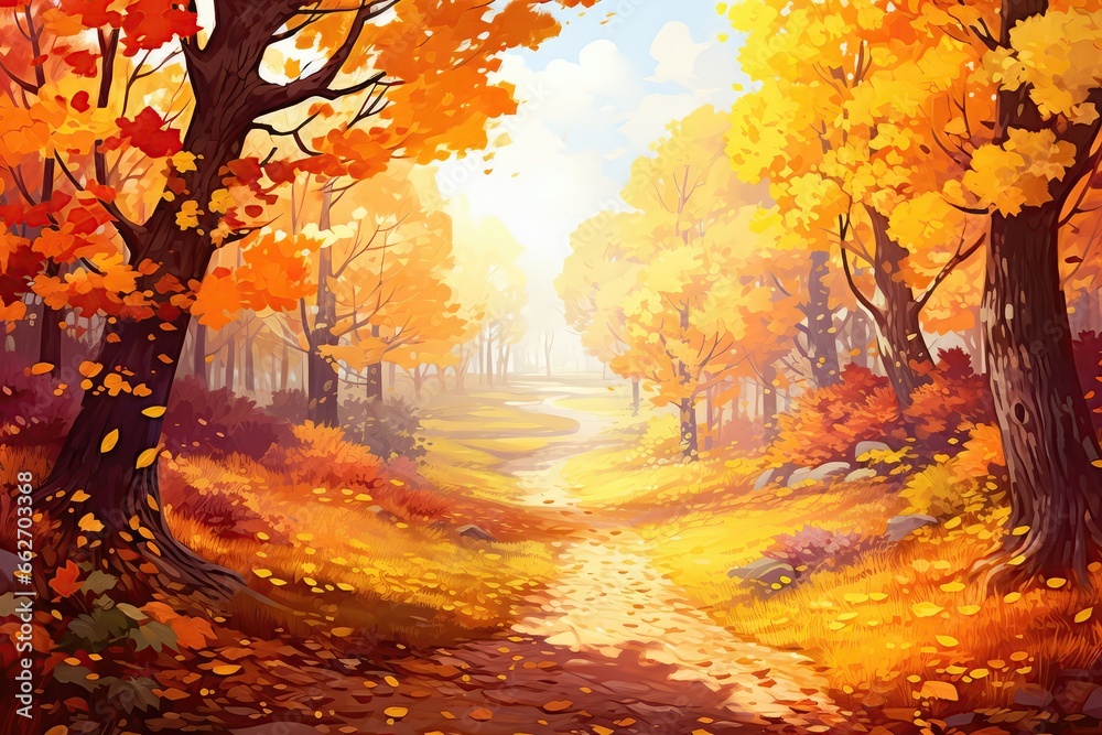 Enchanting Autumn Landscape With Colorful Foliage, Falling Leaves, And Sunny Atmosphere Digital Art
