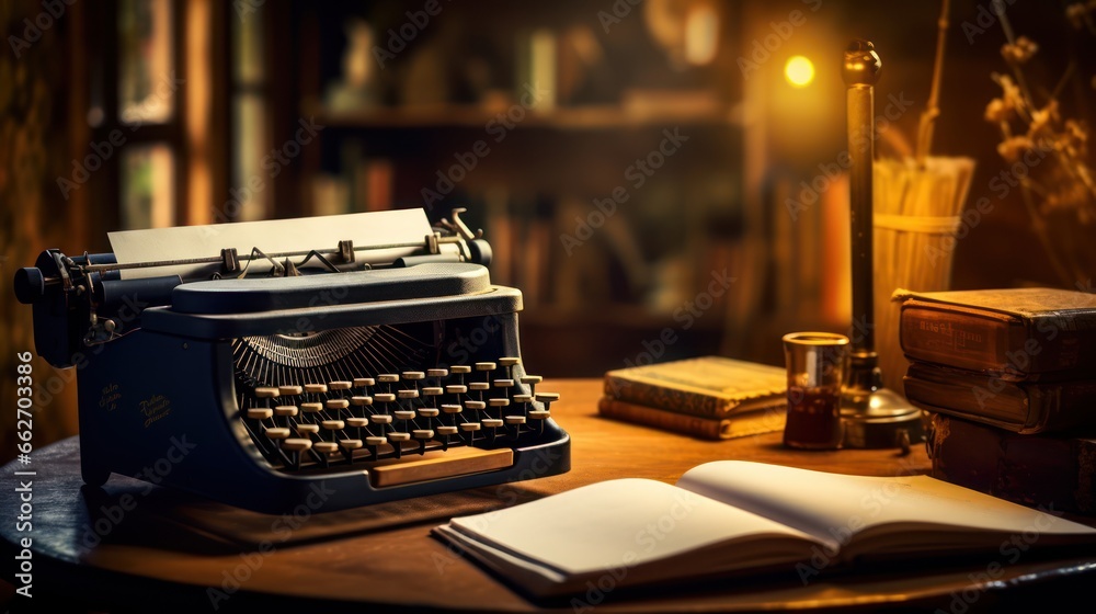 typewriter and a book on the table. cozy. warm. writer concept - obrazy, fototapety, plakaty 