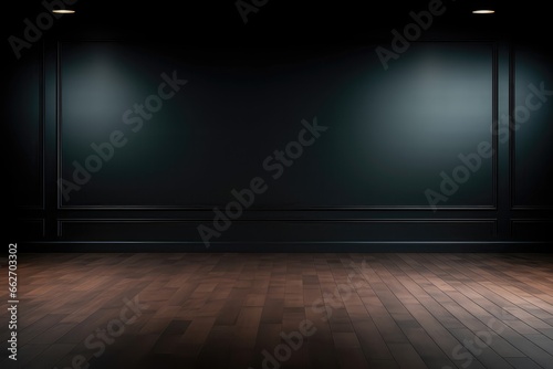 Empty, Welllit, Dark Wall With Beautiful Chiaroscuro And Wooden Flooring, Serving As Rinimalist Background For Product Presentations And Mockups © Anastasiia