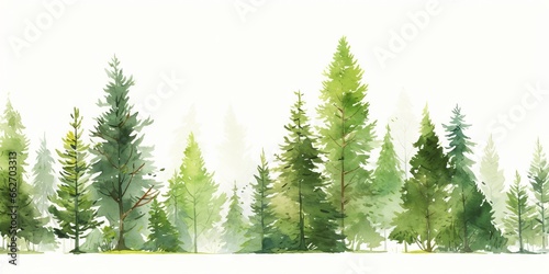 Watercolor background drawn landscape of foggy forest, winter hill.