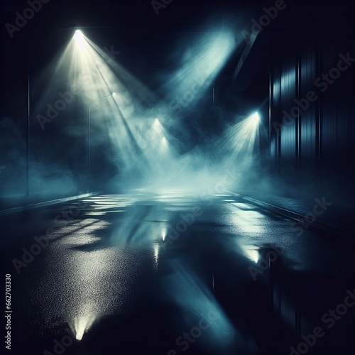 Dark street wet asphalt reflections of rays in the water Abstract dark blue background smoke smog Ai Generative