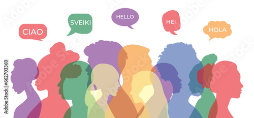 World Hello Day. Vector illustration with silhouettes of people and the word "Hello" in speech bubbles in different world languages.