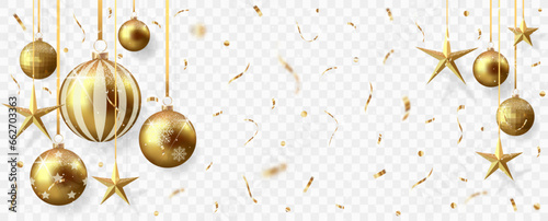 Gold christmas balls with shadow and confetti isolated on transparent background	