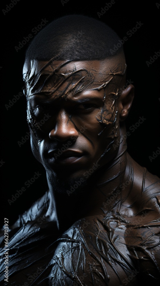 A close-up shot of a bodybuilder's chiseled physique, showcasing their rippling muscles and intense focus, against a pitch-black background that creates a dramatic and striking contrast