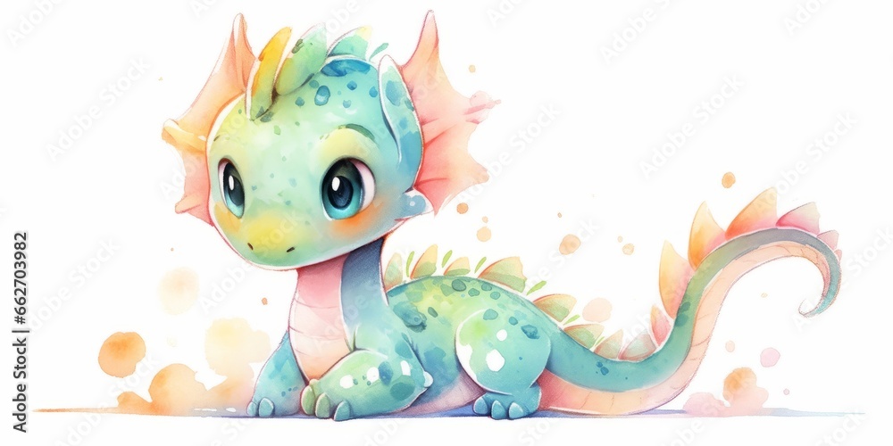 Obraz premium Cute kawaii dragon hand drawn watercolor illustration.
