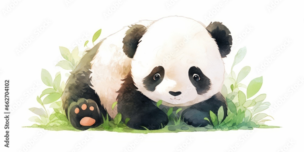  Cute kawaii baby panda hand drawn watercolor illustration. Stock 