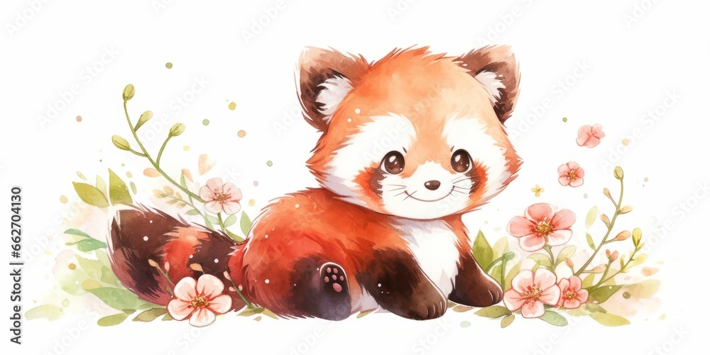 Fototapeta premium Cute kawaii red panda hand drawn watercolor illustration.
