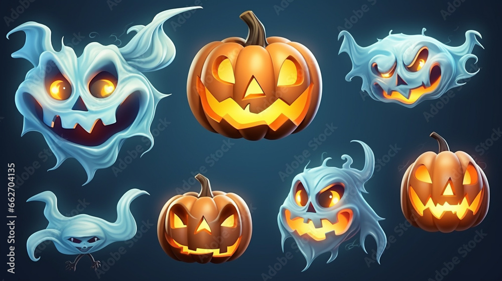Scary and funny Halloween pumpkin or ghost faces. Scary and funny Halloween pumpkin or ghost faces.