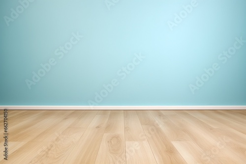 Empty Room with Wood Floor and Light Blue Wall Background for Product Display © pierre
