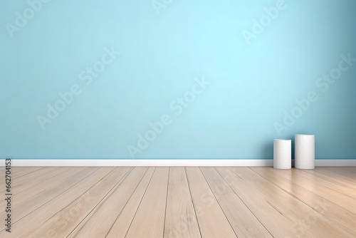 Empty Room with Wood Floor and Light Blue Wall Background for Product Display