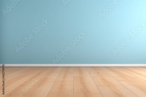 Empty Room with Wood Floor and Light Blue Wall Background for Product Display