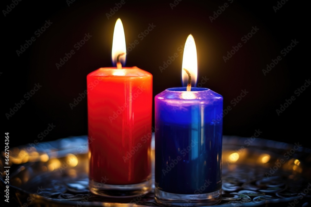 two lit candles of different colors signifying two religions in marriage