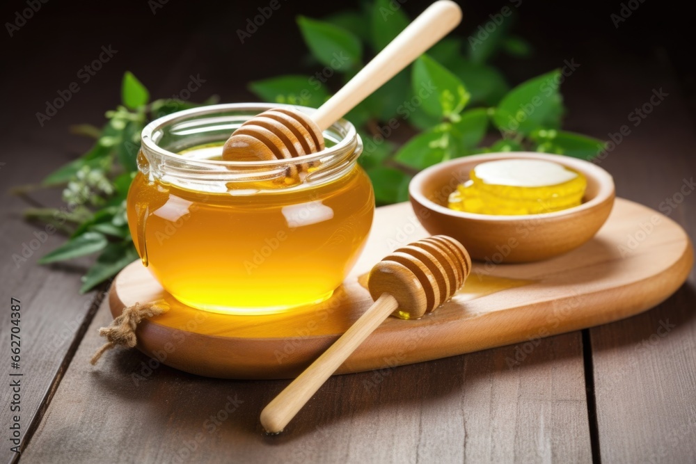 bowl of honey with a wooden spoon, a natural treatment bowl of honey with a wooden spoon, a natural treatment